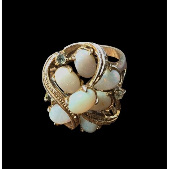 Vintage Opal and Rhinestone Cluster Ring Gold Leaf Design Size 5 - Picture 1 of 10